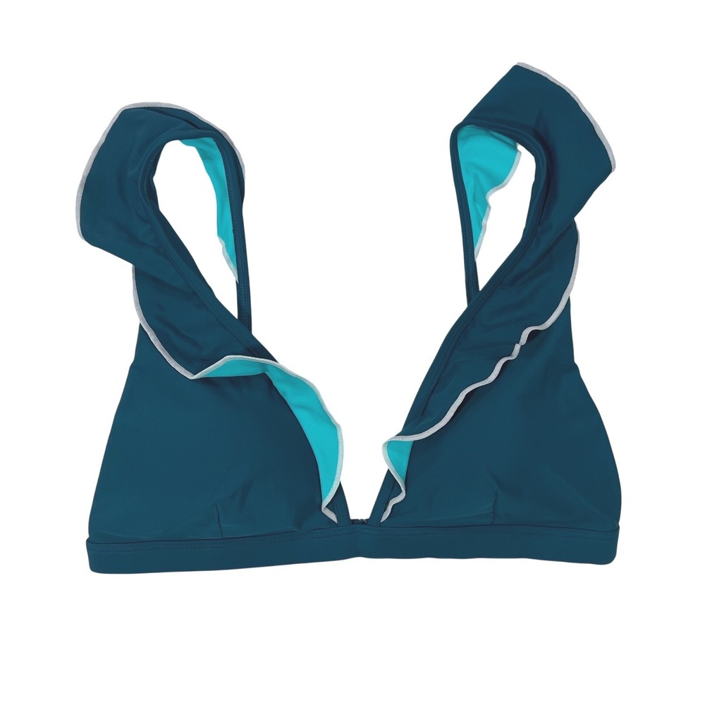 Summersalt Plunge Ruffle Bikini Top Teal Blue Deep V Swim Top Size 12